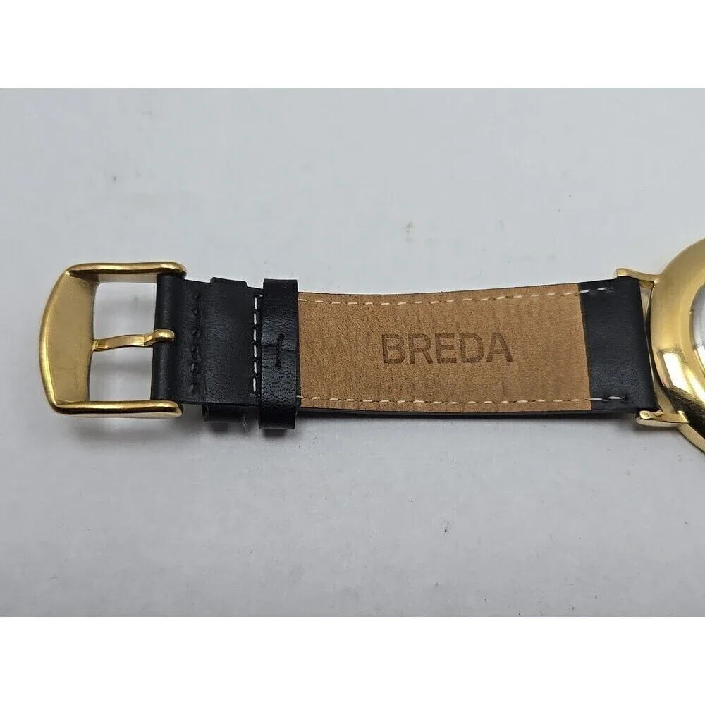 Breda Gold White Dial Quartz Unisex Watch Black Leather Strap New Battery Dallas
